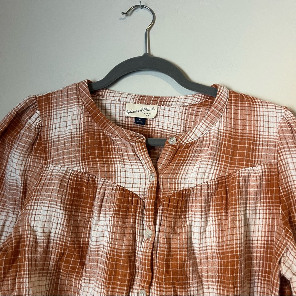 Universal threads Plaid Orange / White Top peasant puff sleeve blouse western - Picture 4 of 5